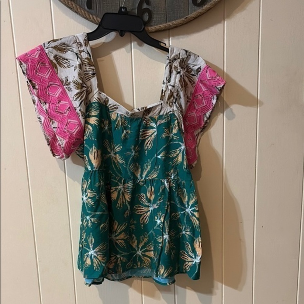 JODIFL Green and Blue Flutter Sleeve Blouse with Sailor Collar